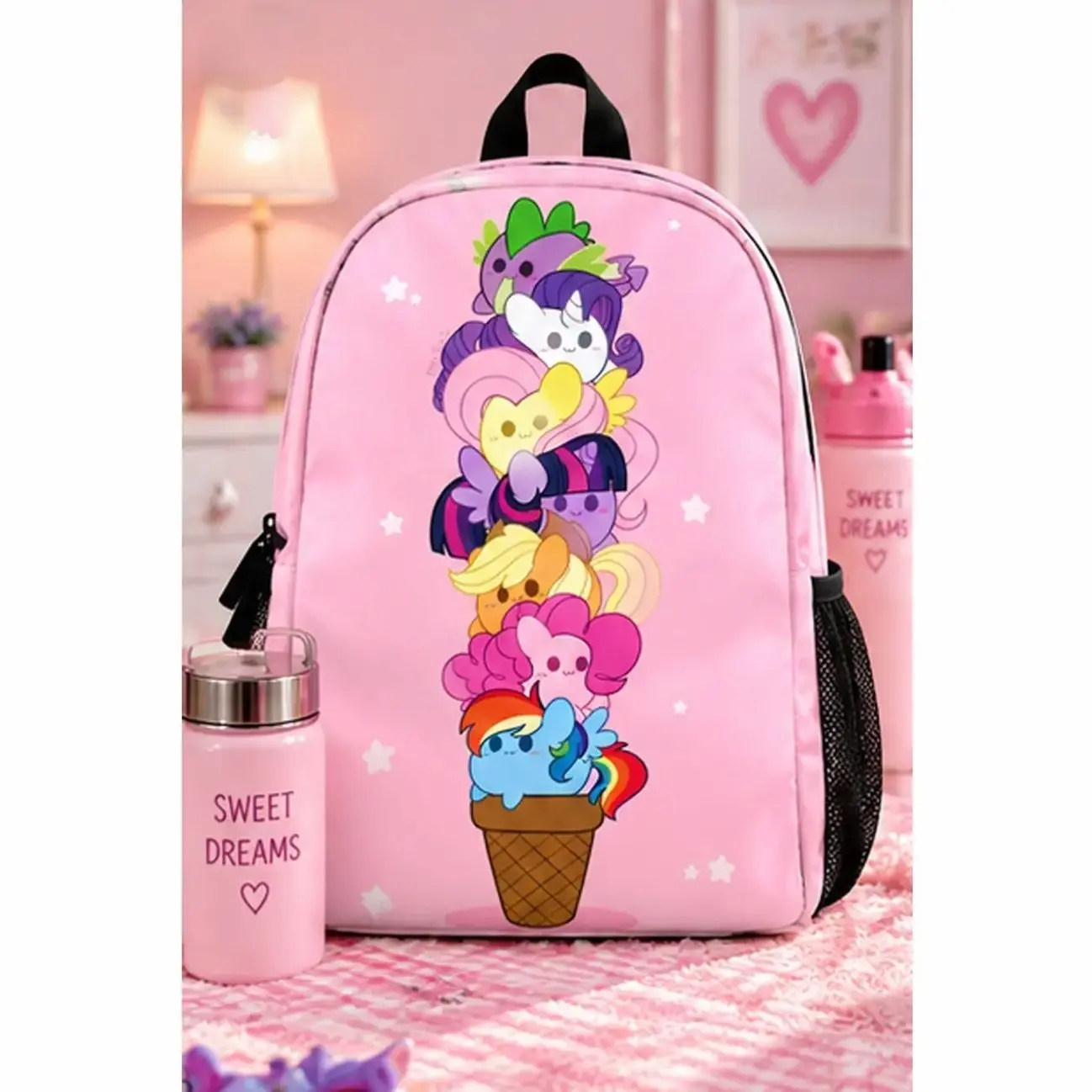 My Little Pastel Rainbow Backpack, Cute Cartoon Horse School Bag, Pink Purple Friendship Bookbag, Girls Back to School Backpack