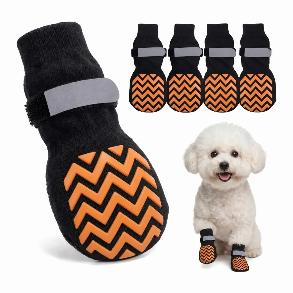 RYNVALE Dog Traction Socks to Prevent Licking and Slipping, Non Slip Dog Socks for Hardwood Floors, Dogs Paw Protectors with Double-Sided Traction for Small Senior Dogs, 4 Pack