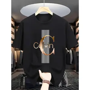 Men's Casual Calvin Pattern T-Shirt - Bold Letter Print, Black Stripes and Gold Accents, Breathable Round Neck Summer Streetwear, Comfortable Everyday Fashion T-Shirt, Cotton T-Shirt, Ideal Gift, Unisex