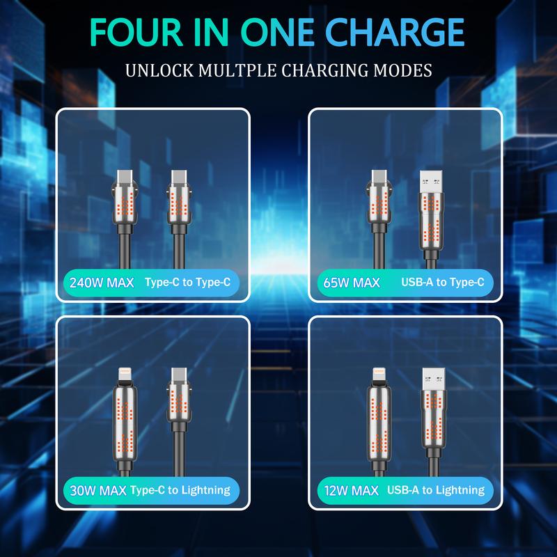 240W 4-in-1 USB-C Cable | PD 5A Fast Charging | USB-A, Type-C, Lightning | Data Sync Compatible with iPhone, iPad, Samsung, Laptops Charger Alloy