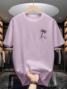 Men's Tropical Coconut Tree Print Round Neck Short Sleeve T-Shirt, Summer Casual Comfort, Daily Outdoor Wear, Fitted Style, No Zipper