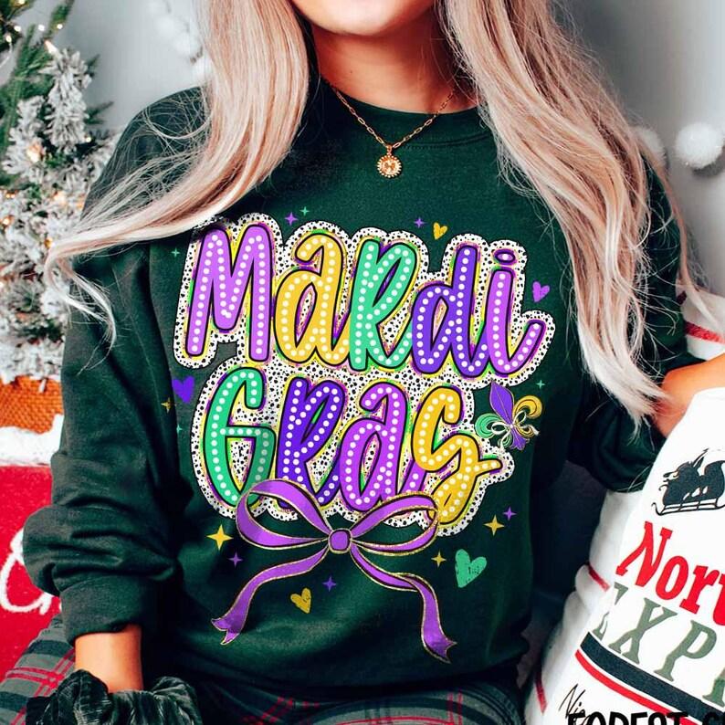 Mardi Gras Coquette Bow Sweater, Mardi Gras Sweatshirt, Mardi Gras Sweater, Happy Mardi Gras Sweatshirt Fleur De Lis Sweater Dalmatian Dots Hand Drawn