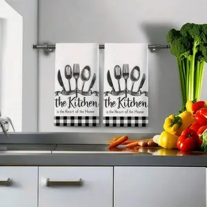 2-Pack Kitchen Towels, Utensil Print Dishcloths, Microfiber Knit Cleaning Cloths, Decorative Kitchen Hand Towels, Cartoon Theme Dish Towels, Highly Absorbent Quick Drying, Lint-Free, Great for Housewarming Gift, Birthday Present