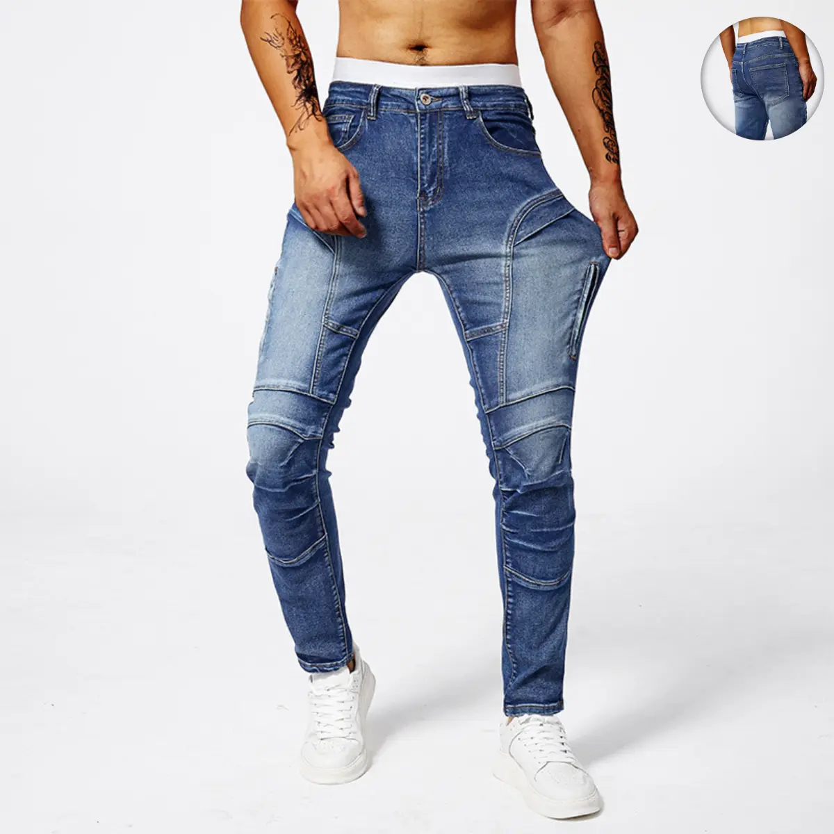 Men’s American motorcycle-style patchwork jeans — distressed, multi-pocket, straight-leg long pants