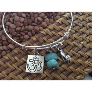Om Charm Bracelet – Silver Expandable Bangle with Om Symbol, Turquoise Beads & Yoga Hand Charm – Spiritual Jewelry Gift
