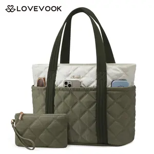 LOVEVOOK Large Capacity Puffer Tote Bag for Women,with Multiple Compartments and a Cup Holder,Stylish Quilted Travel Shoulder Bag,Lightweight and Comfortable,Suitable for Various Occasions