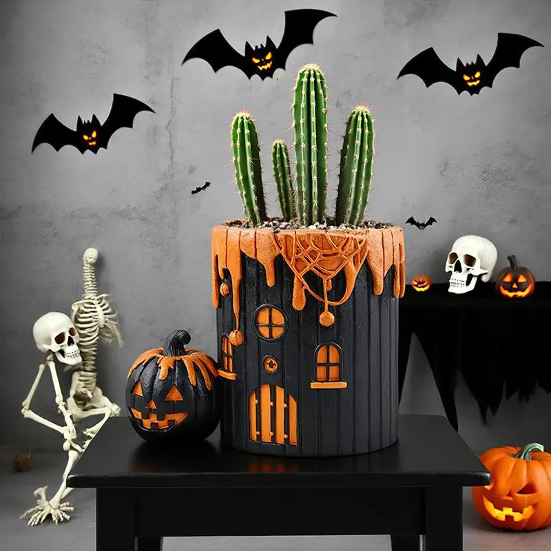 u-wonderful Gothic Haunted Castle Durable Resin Flower Pot - Black-Orange Halloween Decor, Pumpkin House Design, Small Pumpkin Decorations Included, Large Dark Aesthetic Home Decor for Horror Fans (Flower Pots & Planters), Includes Pumpkin Decorations