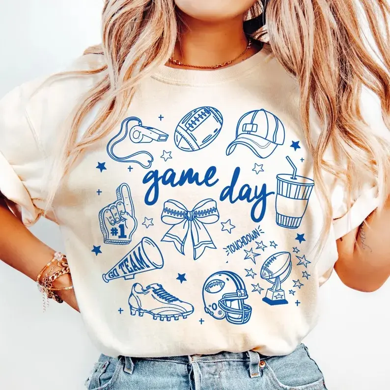 Game Day Shirt, Football Doodles Shirt, Hand Drawn Doodle Tee, Touchdown Season Outfits, Gift for Her, Womenswear