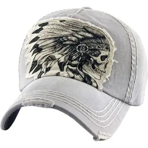 Native American Indian Chief Skull Vintage Distressed Gray Cap Dad Hat