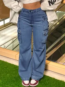 Women's Plus Size Workwear Pocket Denim Straight Leg Fitted Pants, Button Closure Design, Fashion Street Style Jeans, Casual Wear