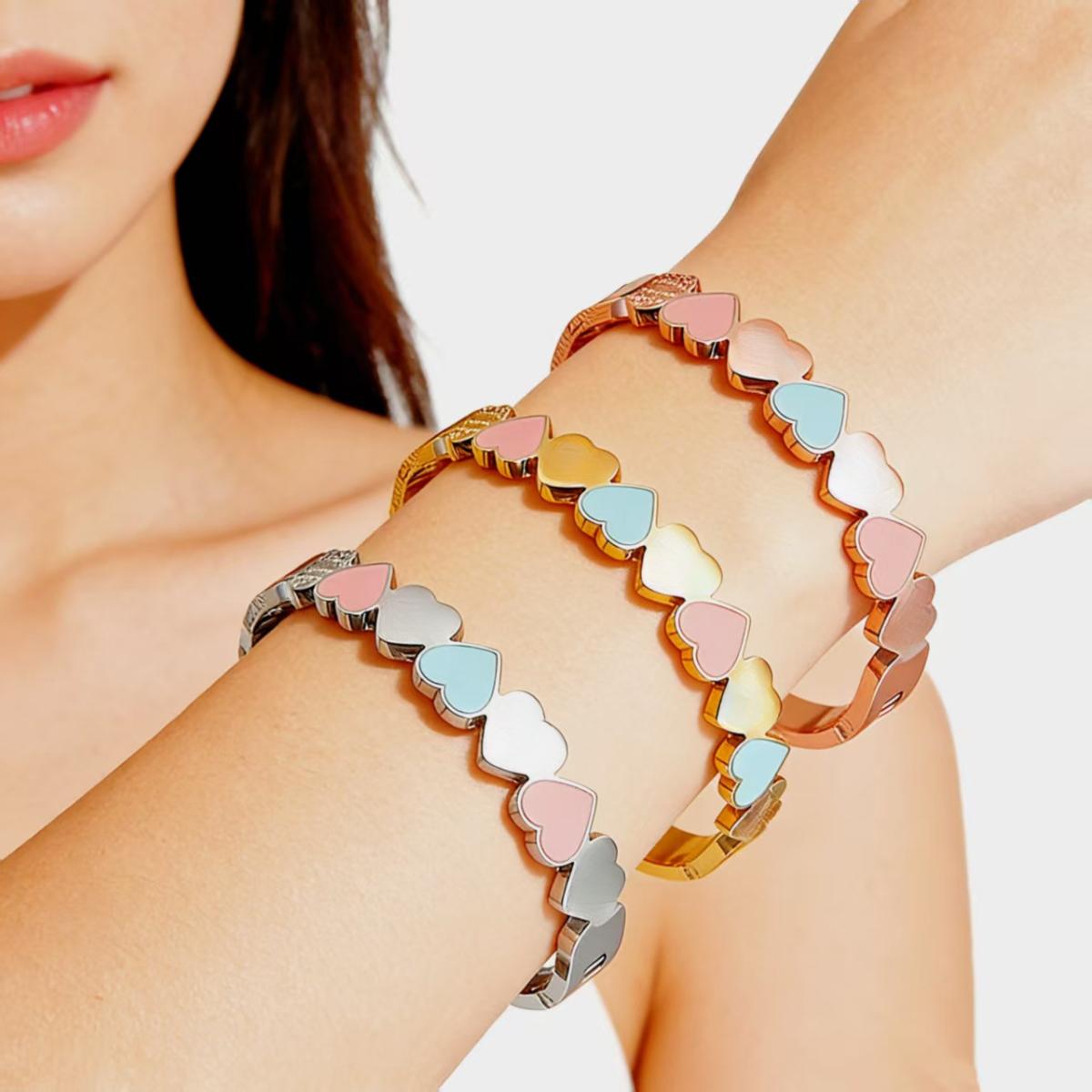 Minimalist Heart Enamel Bangle Bracelet for Women, Elegant Love Heart Link Bangle, Adjustable Statement Layering Bracelet, Trendy Aesthetic Daily Wear Jewelry, Timeless Gift for Her