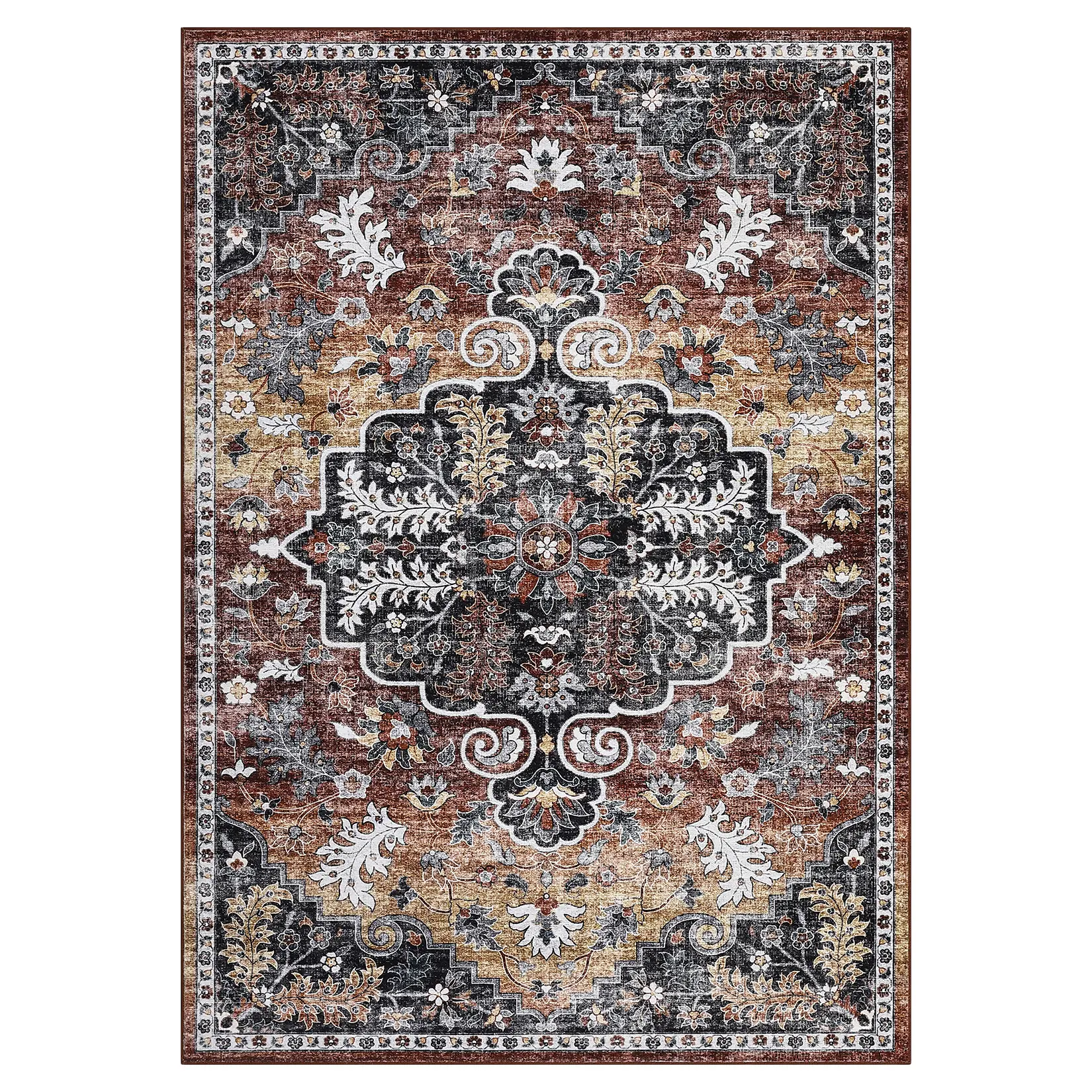 8x10 ft Rectangular Persian Folkloric Ethnic Cozy Area Rug - Bohemian Artistic Decorative Brown Floral Rugs, Soft Polyester Cashmere Imitation, Durable, Machine Washable, Foldable, Grippy, Indoor Hallway Home Decor, Machine Washable Rugs