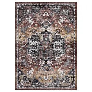 10 x 13 ft Polyester Cashmere Imitation Brown Red Rectangular Hallway Bathroom Entryway Kitchen Office Foldable Flower Printed Persian Washable Area Rug