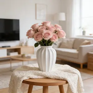 French Fluted Plastic Flower Pot Vase for Home Decor – Classic Ribbed Texture Planter with Light Shadow Effect, Modern Minimalist Centerpiece for Living Room Coffee Table, Cream Aesthetic Accent for Fresh or Dried Flowers