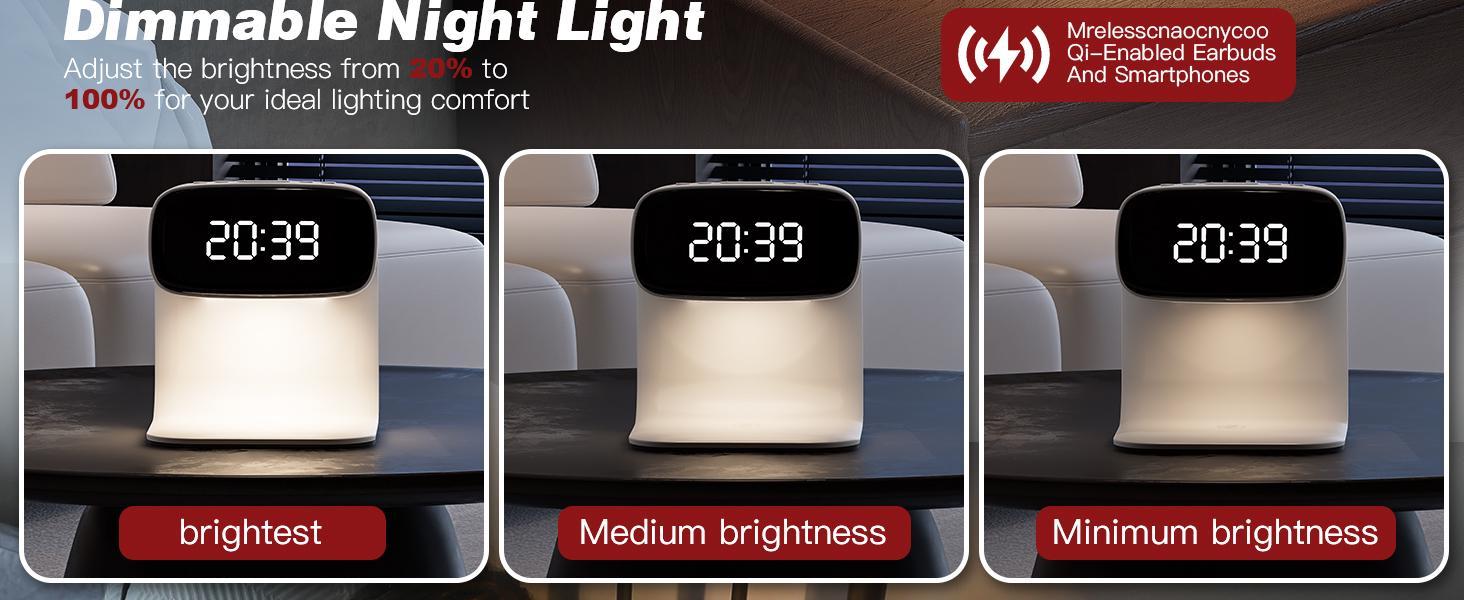 Digital alarm clock with wireless fast charging station, bedside touch smart light, 3-color night light adjustment