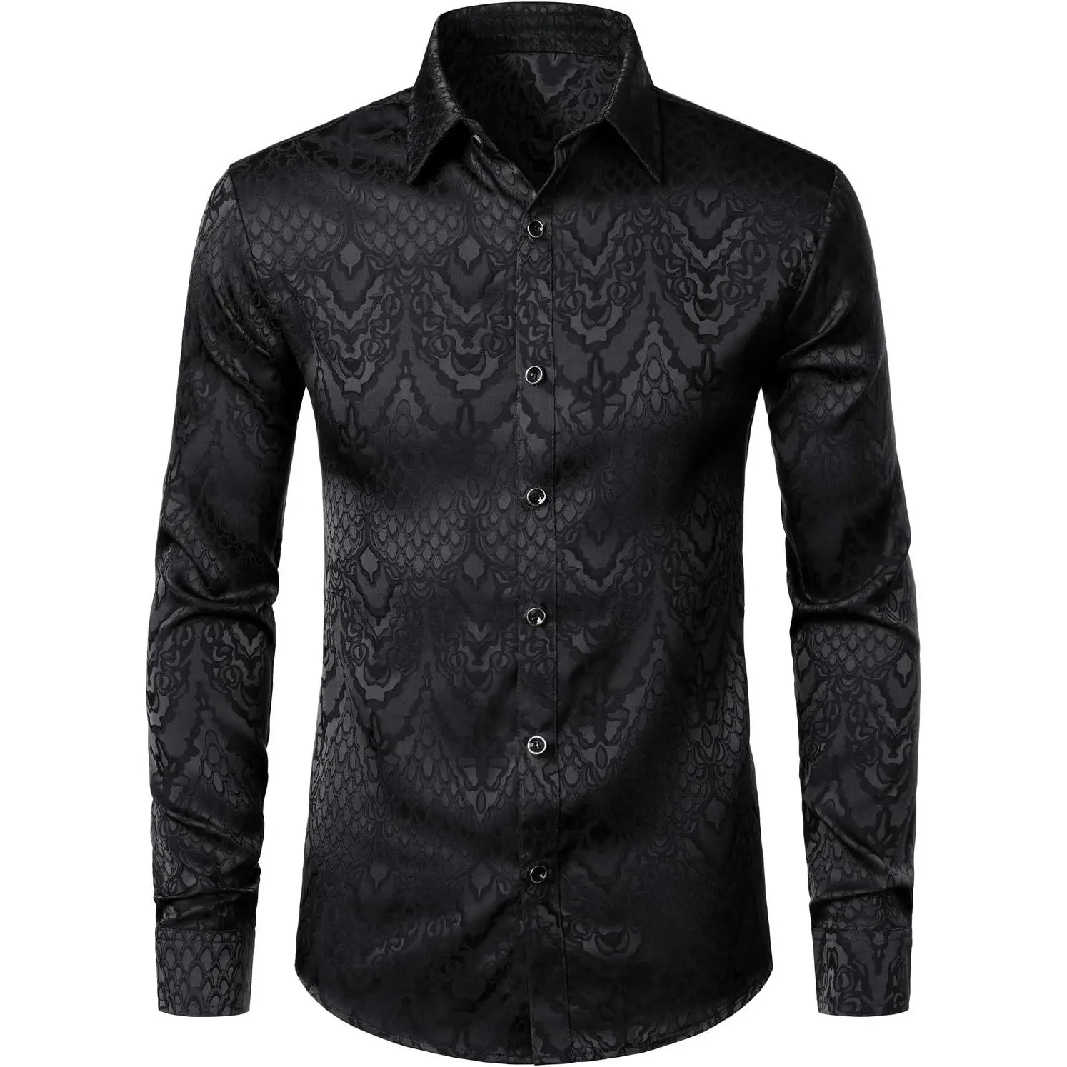 Men's Gothic Dress Shirt, Vintage Jacquard Slim Fit Long Sleeve Button-Up in Smooth Stretch Fabric with Metallic Buttons for Party Prom, Menswear, Tops, Low Iron, Silk-Like, Do Not Bleach, Collared Neck, Slim-Fitting