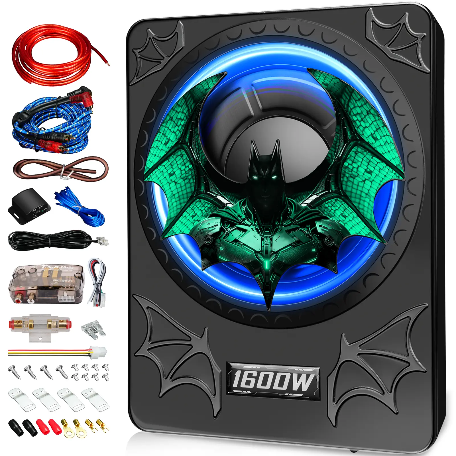 SCBPAUD 10-Inch Full Set Car Subwoofer - 1600W Slim Underseat Rear Enclosed Bass Box with Built-in Amplifier, Bluetooth App LED Light for Truck & SUV (10inches Compatible), Slim Enclosed Bass Box