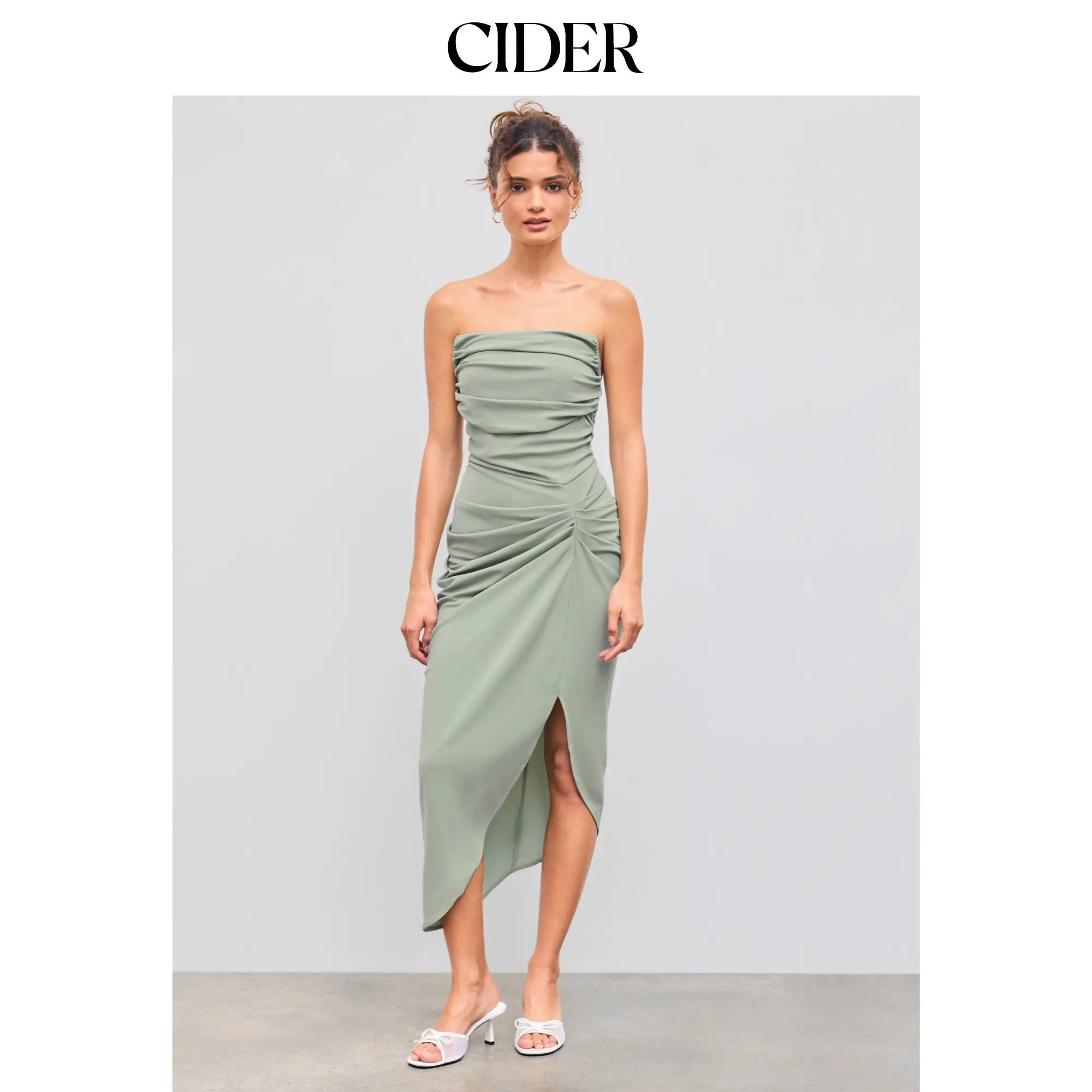 Cider Solid Ruched Asymmetrical Tube Midi Dress