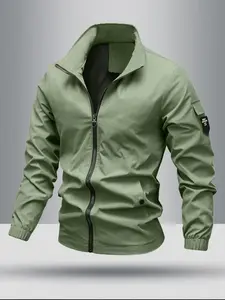 Men's Letter Patched Pocket Zipper Jacket, Loose Casual Long Sleeve Funnel Neck Outerwear for Daily Wear, Men's Clothes for All Seasons