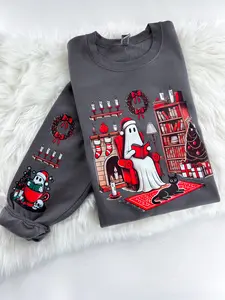 Christmas Spirit Holiday Ghost Reading Sweatshirt or Hoodie with sleeve print Comfy Sublimation Tops Menswear Unisex Oversized Pullover
