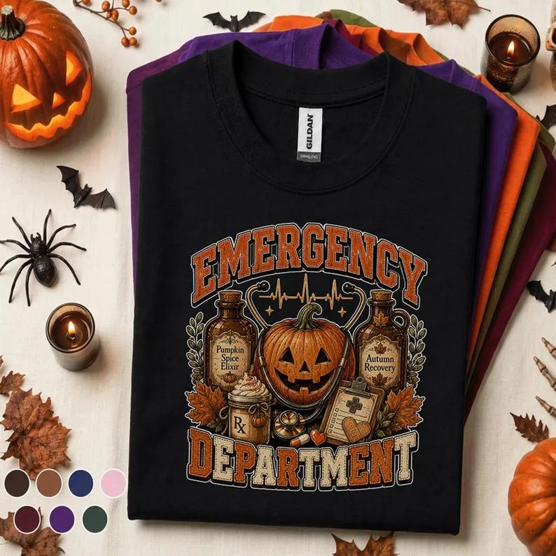 Women's Plus Size Pure Cotton Breathable Casual Boho Classic Crew Short Sleeve ER Theme Graphic Print Nurse T-Shirt - Emergency Department Halloween Fall Top