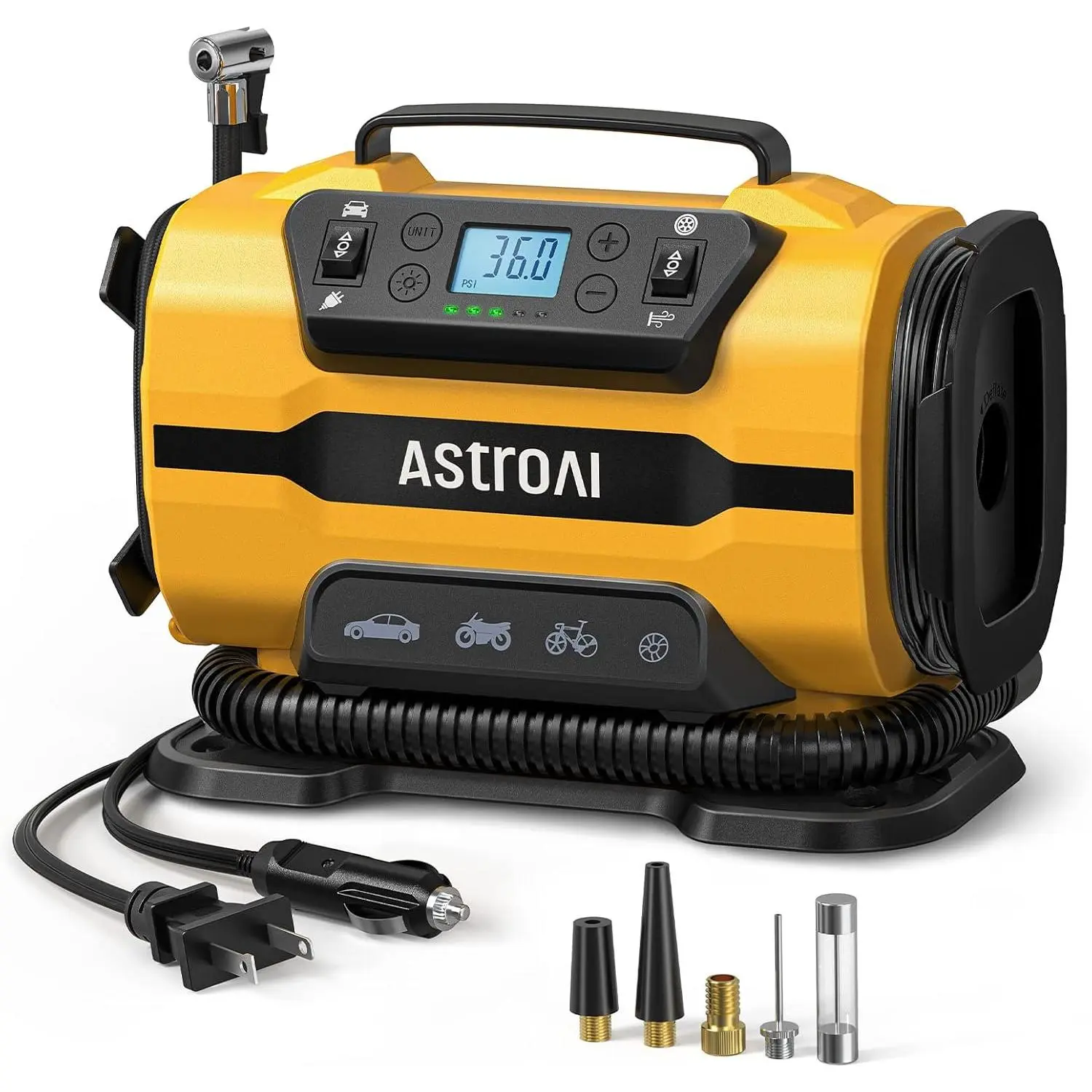 AstroAI Tire Inflator Portable Air Compressor Pump 150PSI 12V DC/110V AC with Dual Metal Motors&LED Light, Automotive Car Accessories&Two Modes for Car, Bicycle Tires and Air Mattresses, Yellow