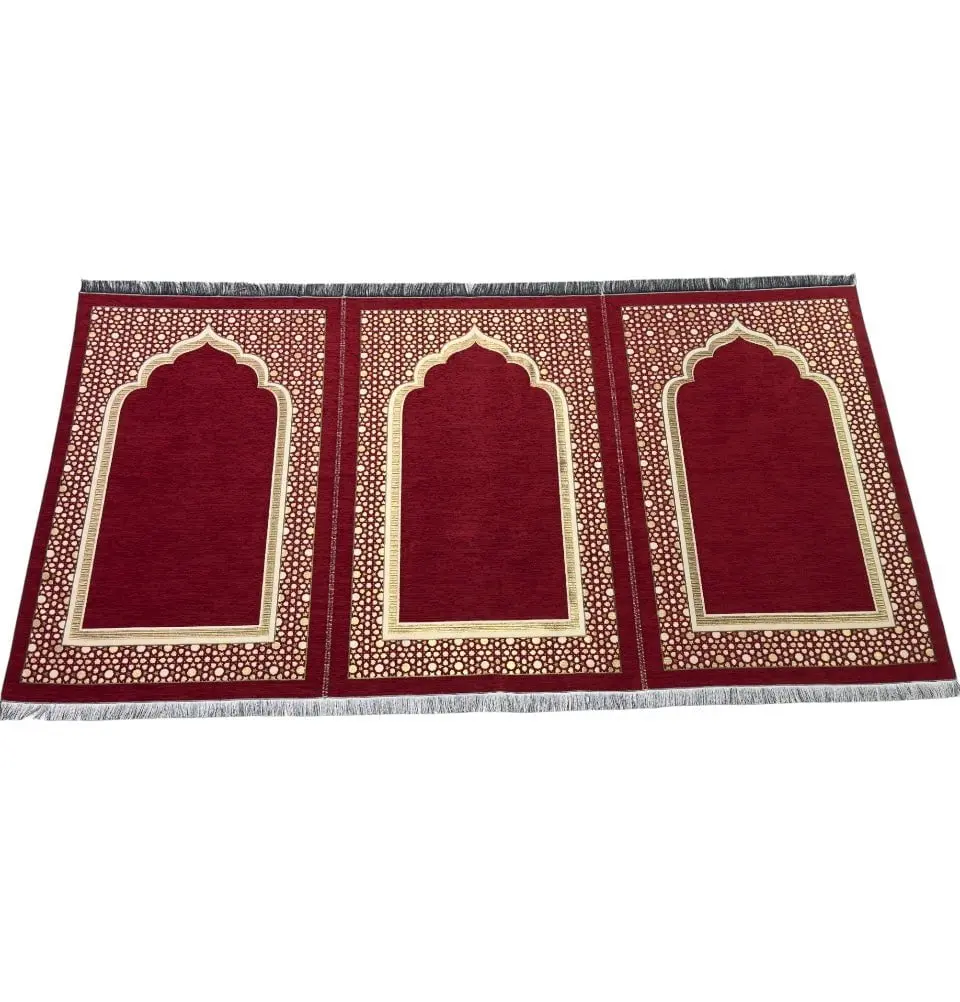 Wide 3 Person Masjid Islamic Prayer Rug - Chenille Embroidered Selcuk Star - Red