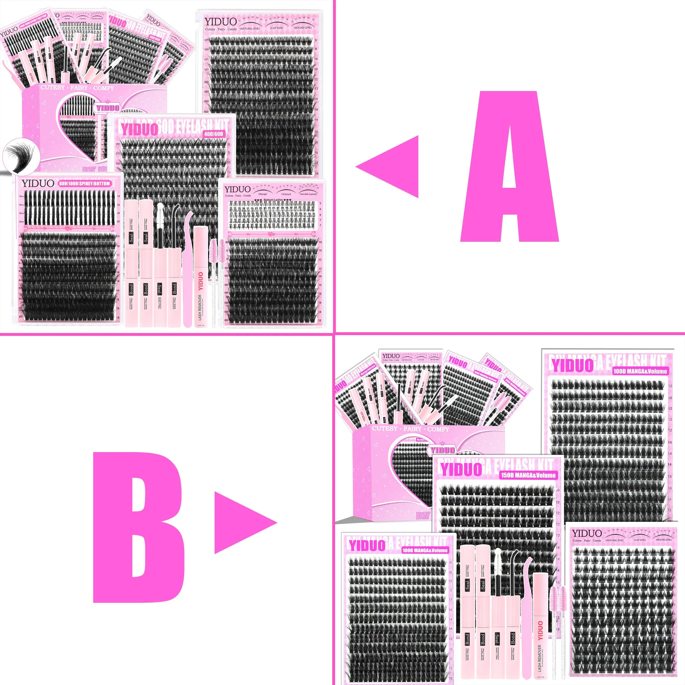 YIDUO 6 Styles Lash Clusters Lashes Kit 40D/60D/80D/100D/Spiky/Bottom Lashes Clusters Kit 1-20mm Cluster Eyelash Extension Kit 1000 Pcs D-Curl With Lash Bond and Seal*2, Lash Remover，Lash Tweezers,Eyelash Brush DIY at Home Easily, Eyelash Bond Glue