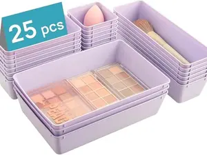 25 PCS Plastic Drawer Organizers Set - 4-Size Versatile Bathroom & Vanity Trays for Makeup, Bedroom, Kitchen, Gadgets & Office Storage Bins Boxes