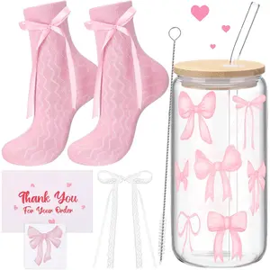 6 count Coquette Pink Bow Gifts Set 16 oz Appreciation Aesthetic Bow Glass Cup with Lids and Straws Cute Glass Cups Coquette Stuff for Women Sister Bride Friend Party Favor