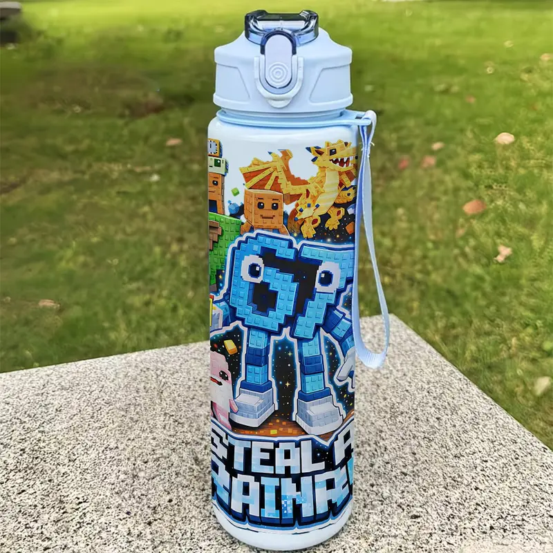 Cartoon 67 Robot Sports Water Bottle 750ml With Straw Lid, Strap, Leakproof Water Bottle - Leak-Proof Large Capacity Sports Hydration Flask for Summer Outdoor Activities, Travel Campling School Gifts, Leakproof Reusable Bottle, Leak Proof Water Bottles