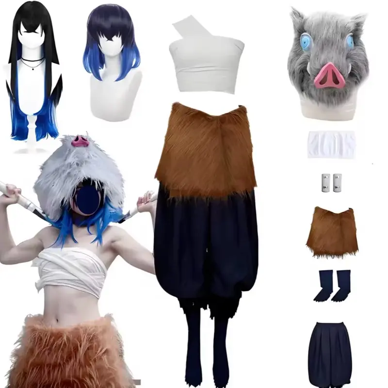 Wig+fury+ Anime Hashibira Inosuke Cosplay Costume Inosuke Uniform Wig Pig Mask Halloween Outfit For Women Sexual Conversion Servant Girls