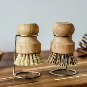 Palm Pot Brush Cleaning Set, Bamboo Round Mini Dishbrush Set, Contains Union Fiber and Tampico Fiber, Durable Natural Scrub Brushes