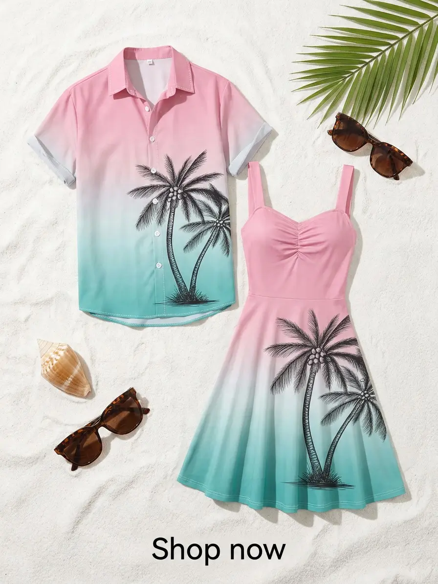 DRESSLILY Chic Couple Outfits Coconut Tree Print Matching Set - High Waist Sleeveless Mini Dress & Men's Quick-Dry Button-Up Shirt for Beach Vacation,  Womenswear Casual