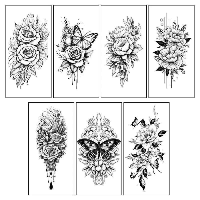 Floral & Butterfly Pattern Tattoo Sticker, 7pcs Temporary Tattoo Kit For Women & Men, Tattoo For Beginners, Waterproof Fake Tattoo Sticker, Body Art Sticker
