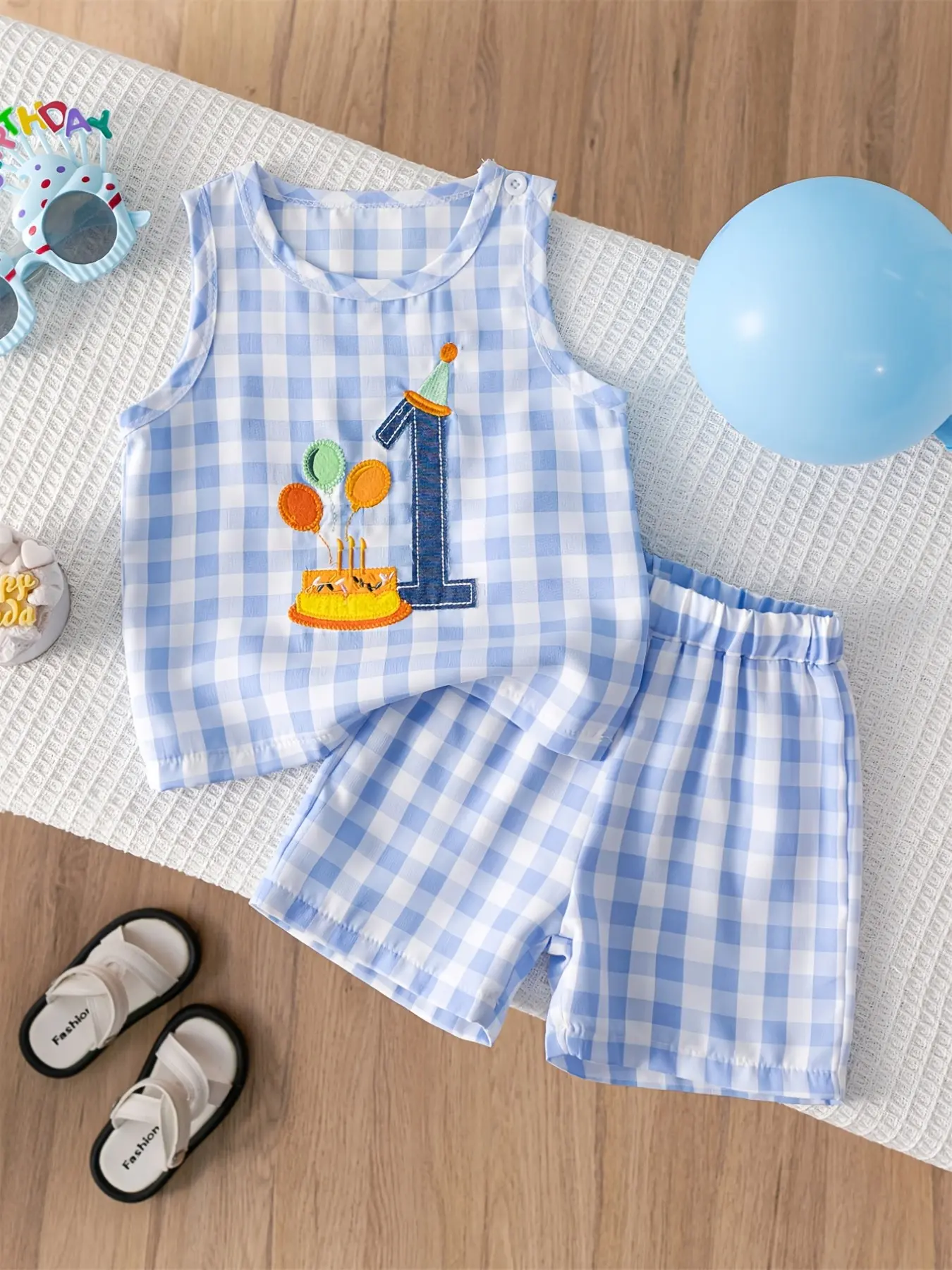 Baby Boy Blue and Checkered Cute Birthday Outfits Set, Baby Clothing, Sleeveless Top with Blue Number 1 Embroidery, Fun Cake and Balloon Design, Elastic Waist Shorts for Ages 0-1 Baby Clothes
