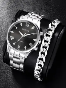 Men's Stainless Steel Watch Set with Roman Dial, Casual Quartz Wristwatch, Silver Color Business Fashion, Perfect Gift