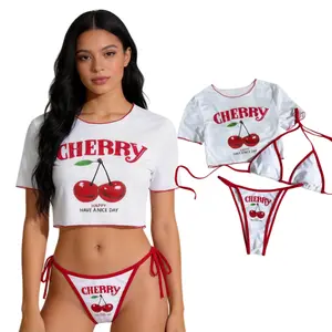 Women's Bikini Set Swimsuit Three-Piece Cherry Letter Print Mesh Chiffon Cover-Up, Perfect Summer Beachwear, Casual Fitted Style, All Seasons