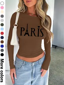 Spring & Fall Women's Stylish Letter Print Long Sleeve Crop Top, 13 Color Choices for a Sexy Fit, Thin Knit Fabric, Womenswear