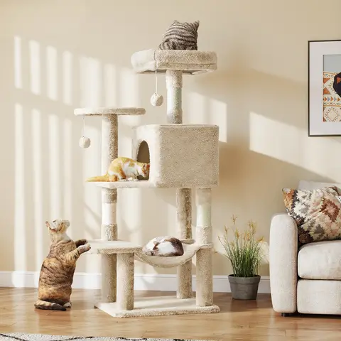 Cozy Beige Cat Tree Haven! 44Inch Plush Lounging Tower with Hammock & Hideout Condo. Perfect for Naps & Relaxation