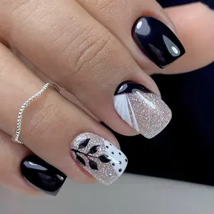 Short Square Fashion Glitter Decor & Floral Pattern Nail Art & Nail Care Fake Nails Set with Mini File & Nail Tab, 24pcs Cosmetic Removable Artificial False Nails for Women & Girls Manicure Nail Kit