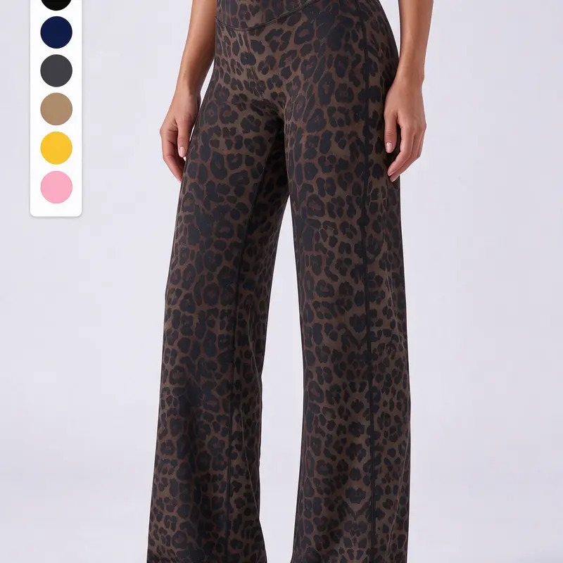 Women’s leopard-print wide-leg long pants with an elastic waistband, fluid drape, and straight cut-casual women’s sports pants available in multiple colors, including solid and printed options for everyday wear.