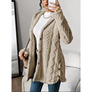 Autumn–Winter Warm Fashion Jacquard Plush Hooded Cardigan Coat