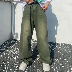 Green Jeans Baggy Distressed Vintage Denim Trousers Male Wide Leg Pants Men Streetwear Retro Oversize Casual Hip Hop Menswear Oversized Big Medium