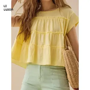 Women Crop Babydoll Tops Crew Neck Cap Sleeve Loose Fit Pleated Frill Flowy Y2k Going Out Tshirt