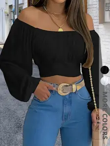New Women's Solid Color Off-Shoulder Short Top with Bow Design, Bubble Hem Cuffed Sleeves, Elegant Fashion Commuter Shirt
