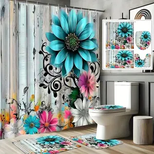 1/4pcs Countryside Cottage & Floral Bathroom Set, Including Non-Slip Bath Mat, U-Shaped Rug, Toilet Lid Cover, Shower Curtain With 12 Durable Hooks, High-Quality Bathroom Decor & Accessories, Suitable For All Occasions, Great Gift For Family, Friends,