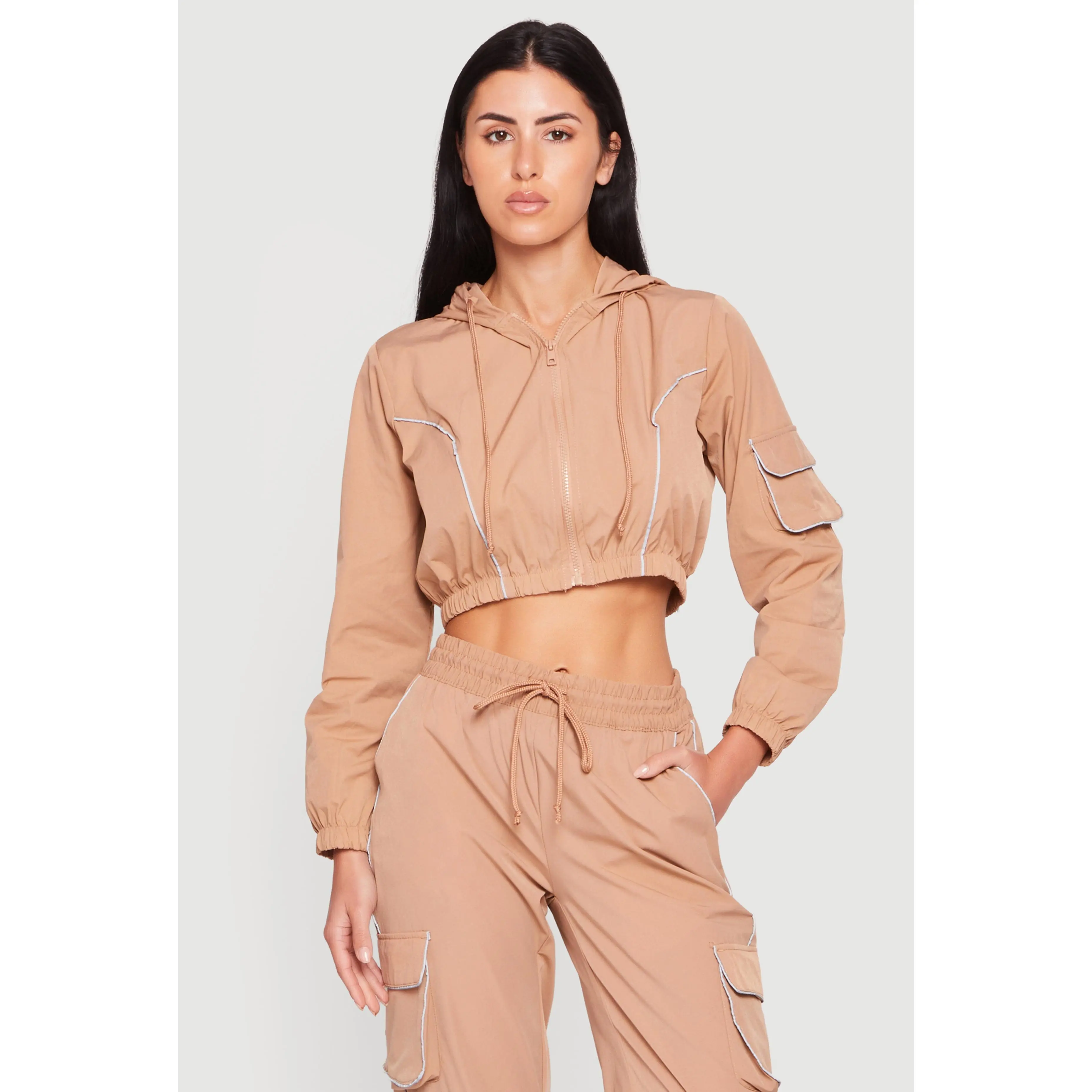 Nylon Cropped Zip Front Hooded Jacket
