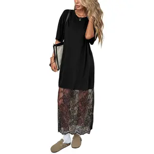 miduo Womens Summer Short Sleeve Crewneck Lace Detail Patchwork Maxi Dress Casual Long Dresses Resort Wear Dress