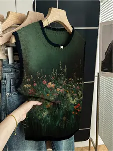 1pc Women's Spring/Summer Back to School Casual Loose Crew Neck Sleeveless Knit Top - Dark BluePiped Trim, Contrast Green Gradient Patchwork Floral Print, Gilet Matchable